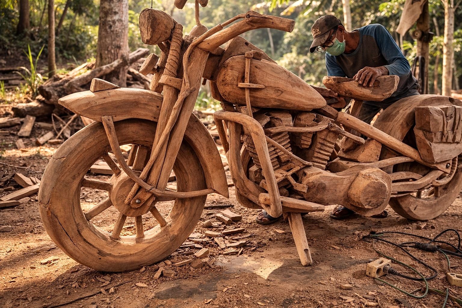 Volledig uit hout gesneden motorfiets — vakmanschap in het atelier